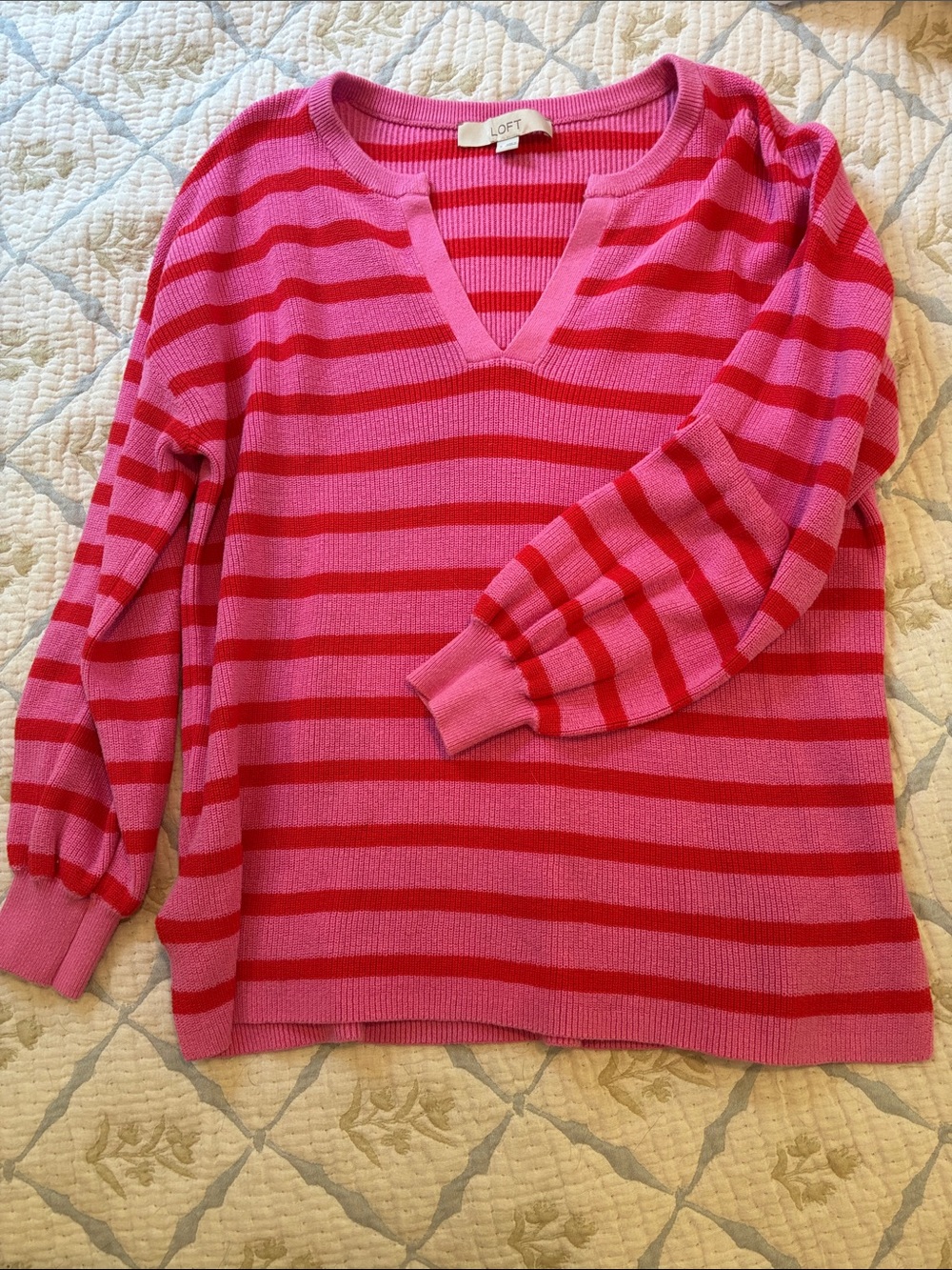 LOFT Hot Pink and Red Striped V-Neck Sweater